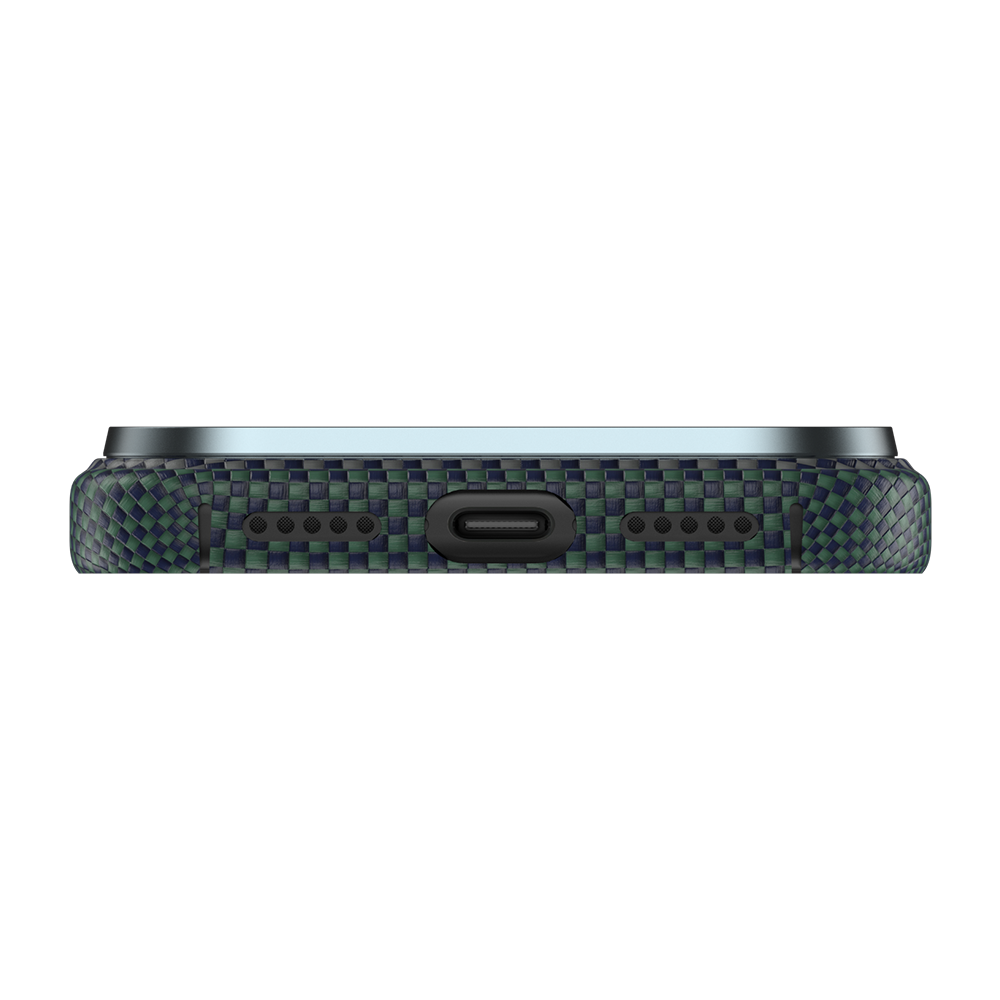 Ansicht der Kevlar® iPhone 17 Pro Max Hülle mit schlankem Design, leichter Langlebigkeit und präzisen Aussparungen.
