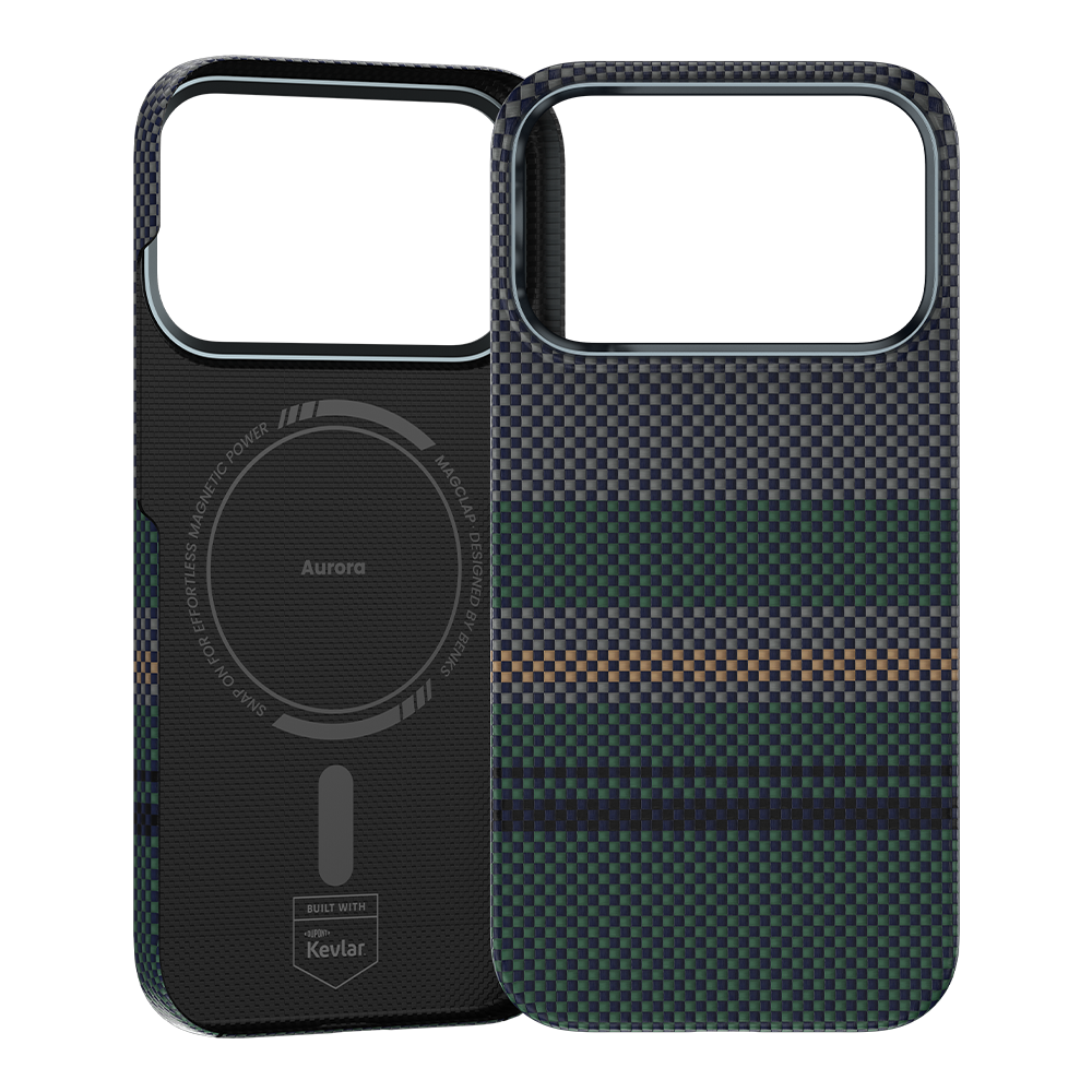 Ansicht der Kevlar® iPhone 17 Pro Max Hülle mit schlankem Design, leichter Langlebigkeit und präzisen Aussparungen.
