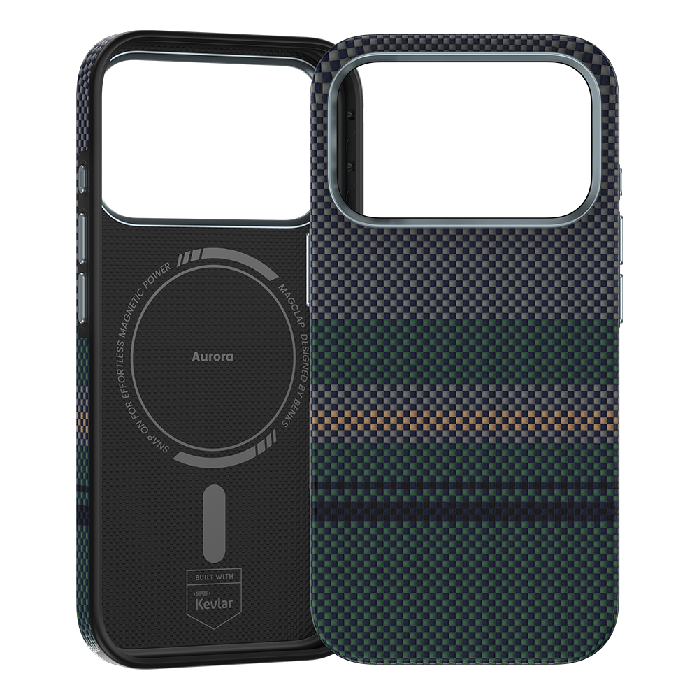 Ansicht der Kevlar® iPhone 17 Pro Max Hülle mit schlankem Design, leichter Langlebigkeit und präzisen Aussparungen.
