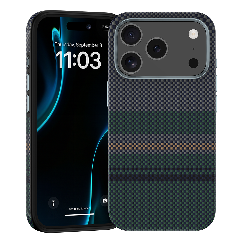 Ansicht der Kevlar® iPhone 17 Pro Max Hülle mit schlankem Design, leichter Langlebigkeit und präzisen Aussparungen.
