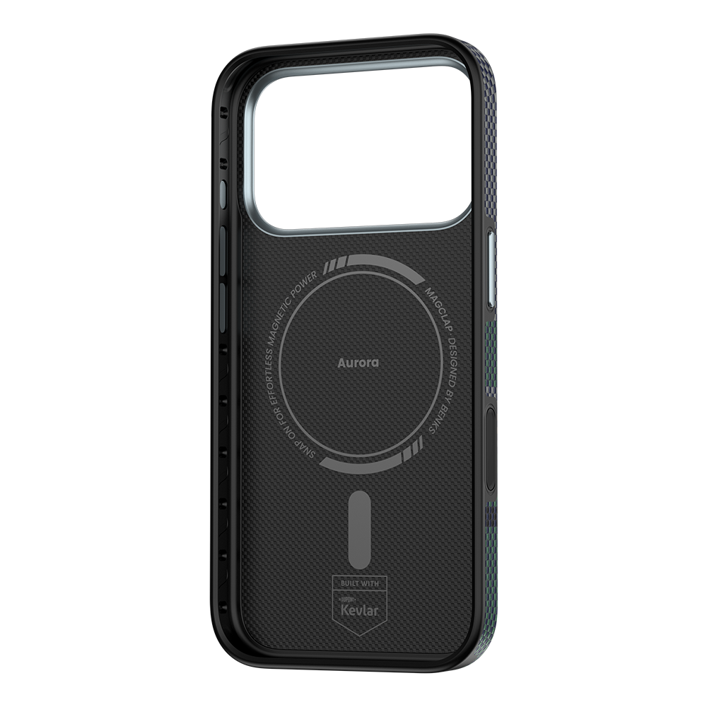 Ansicht der Kevlar® iPhone 17 Pro Max Hülle mit schlankem Design, leichter Langlebigkeit und präzisen Aussparungen.
