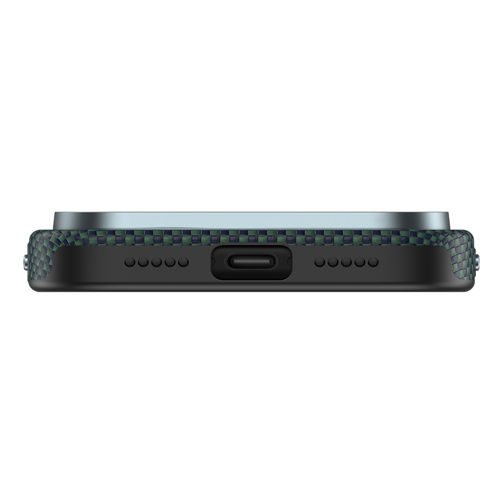 Ansicht der Kevlar® iPhone 17 Pro Max Hülle mit schlankem Design, leichter Langlebigkeit und präzisen Aussparungen.

