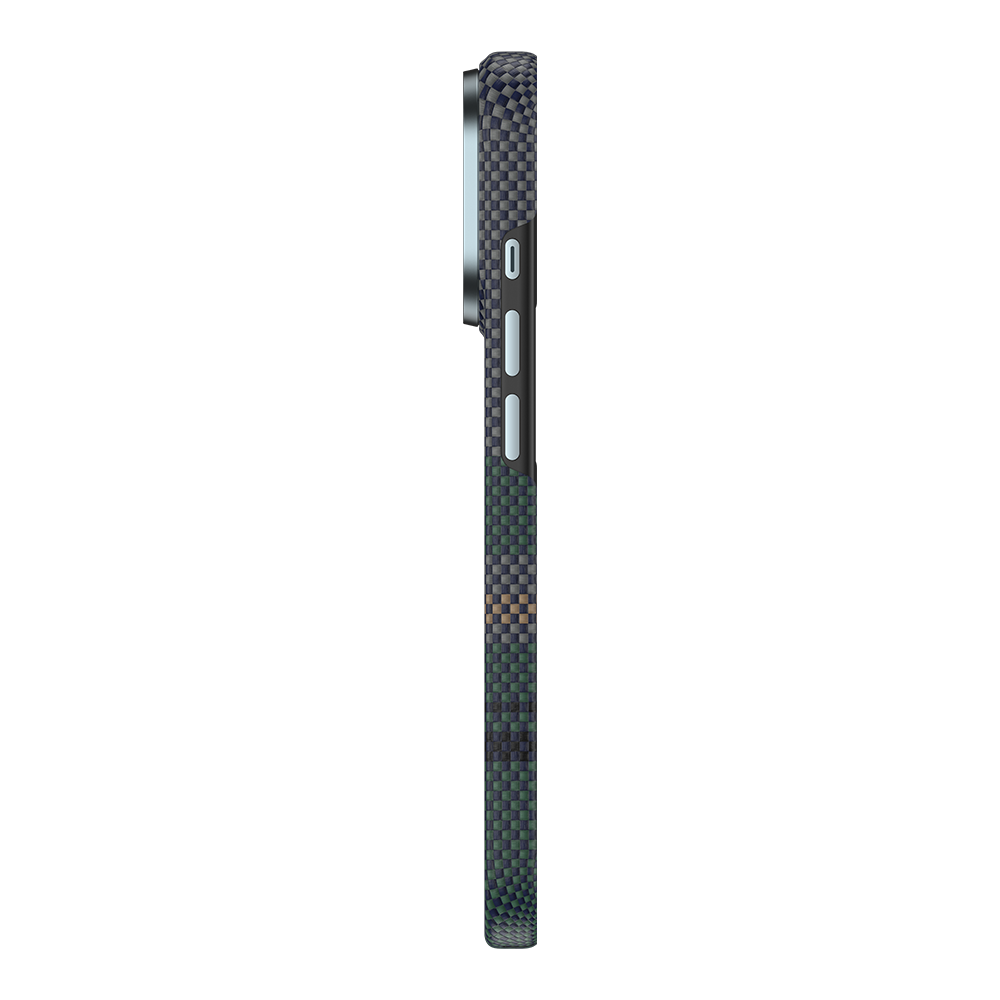 Ansicht der Kevlar® iPhone 17 Pro Max Hülle mit schlankem Design, leichter Langlebigkeit und präzisen Aussparungen.
