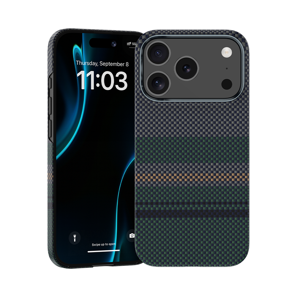 Ansicht der Kevlar® iPhone 17 Pro Max Hülle mit schlankem Design, leichter Langlebigkeit und präzisen Aussparungen.

