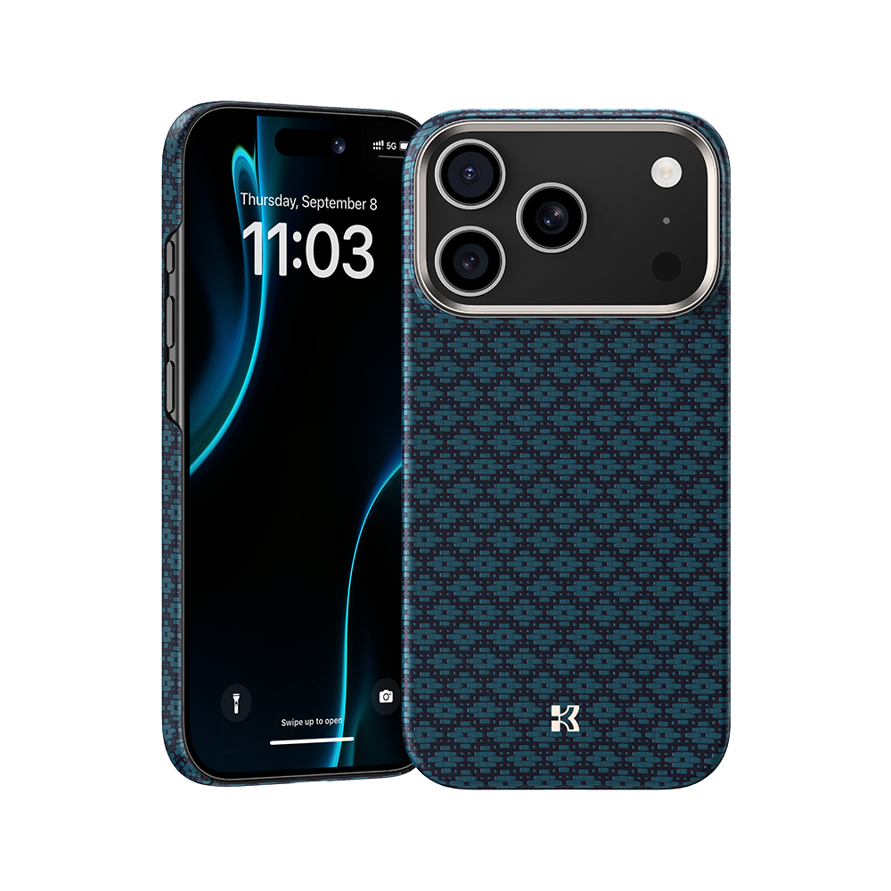Ansicht der Kevlar® iPhone 17 Pro Max Hülle mit schlankem Design, leichter Langlebigkeit und präzisen Aussparungen.