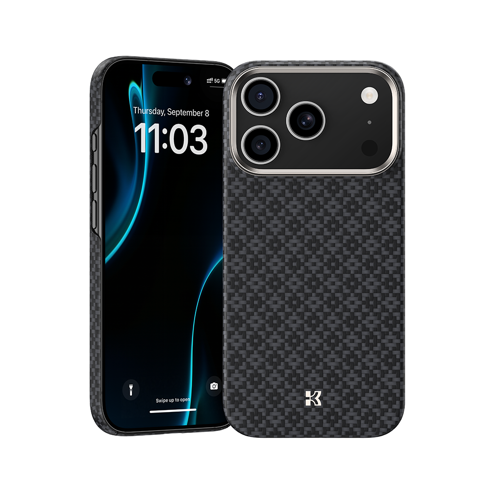 Ansicht der Kevlar® iPhone 17 Pro Max Hülle mit schlankem Design, leichter Langlebigkeit und präzisen Aussparungen.