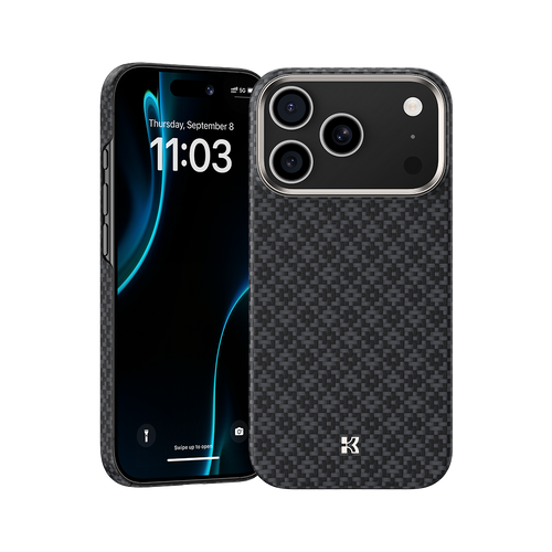Ansicht der Kevlar® iPhone 17 Pro Max Hülle mit schlankem Design, leichter Langlebigkeit und präzisen Aussparungen.