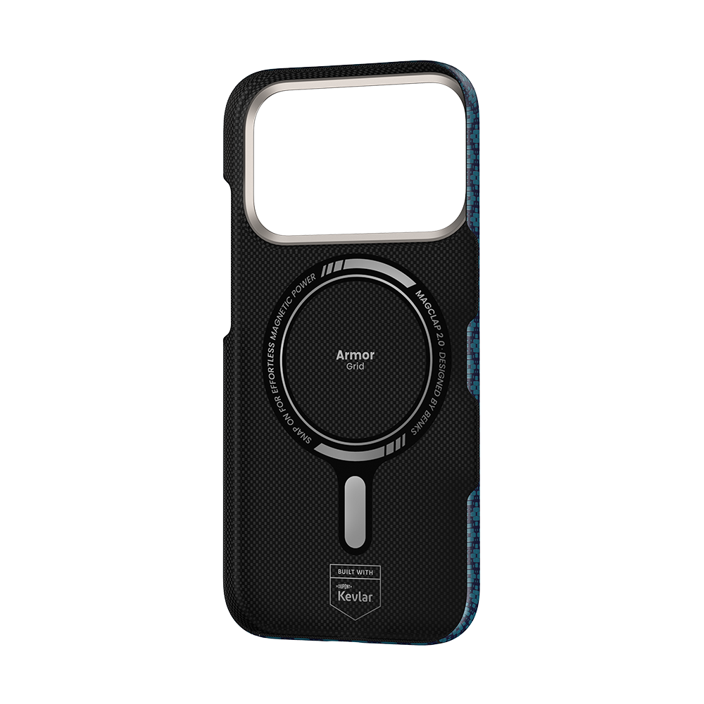 Ansicht der Kevlar® iPhone 17 Pro Max Hülle mit schlankem Design, leichter Langlebigkeit und präzisen Aussparungen.