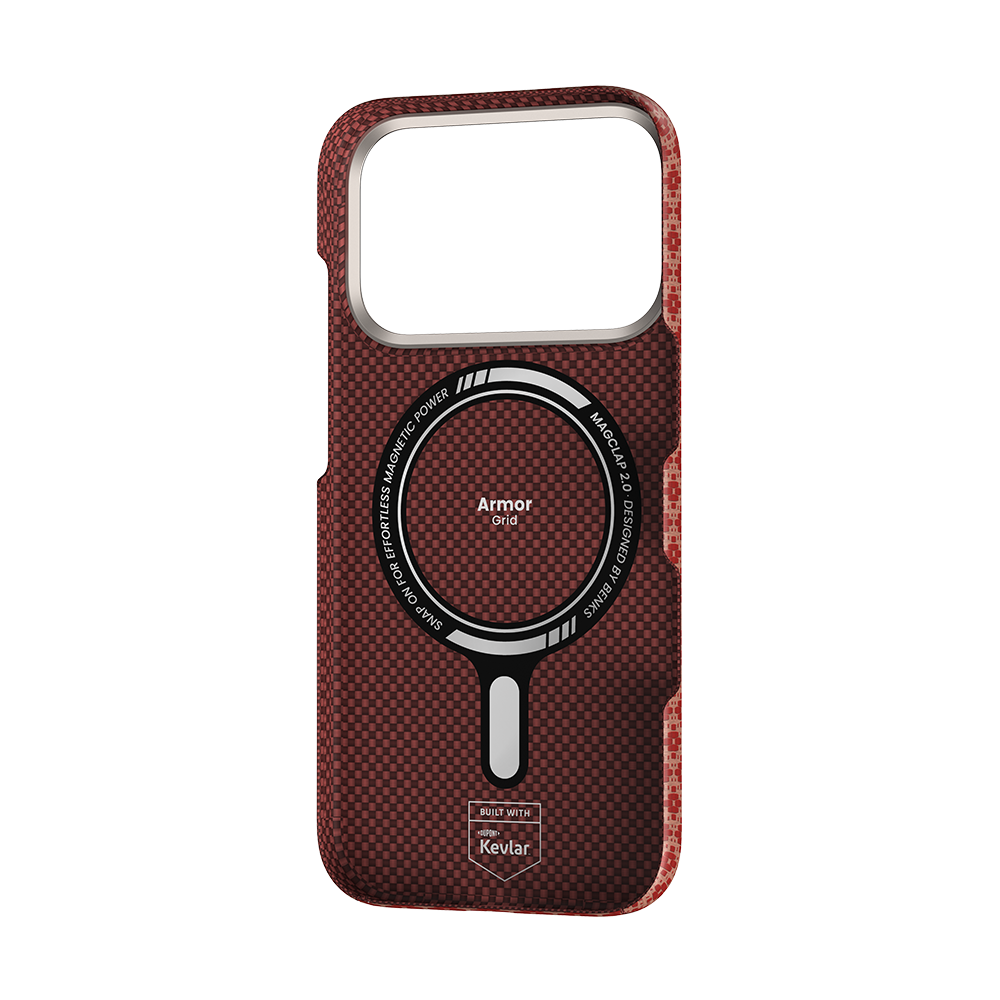 Ansicht der Kevlar® iPhone 17 Pro Max Hülle mit schlankem Design, leichter Langlebigkeit und präzisen Aussparungen.
