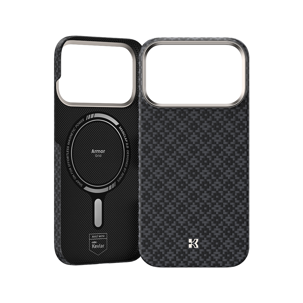 Ansicht der Kevlar® iPhone 17 Pro Max Hülle mit schlankem Design, leichter Langlebigkeit und präzisen Aussparungen.