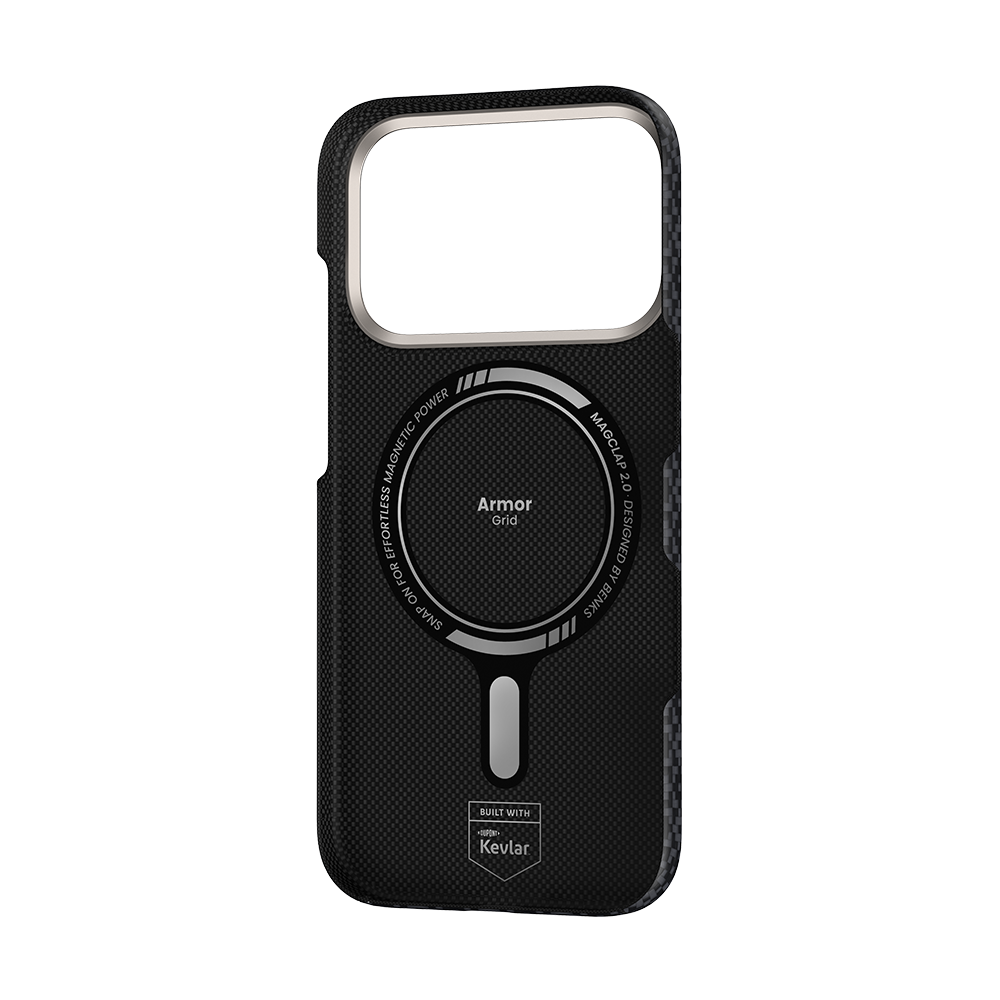 Ansicht der Kevlar® iPhone 17 Pro Max Hülle mit schlankem Design, leichter Langlebigkeit und präzisen Aussparungen.