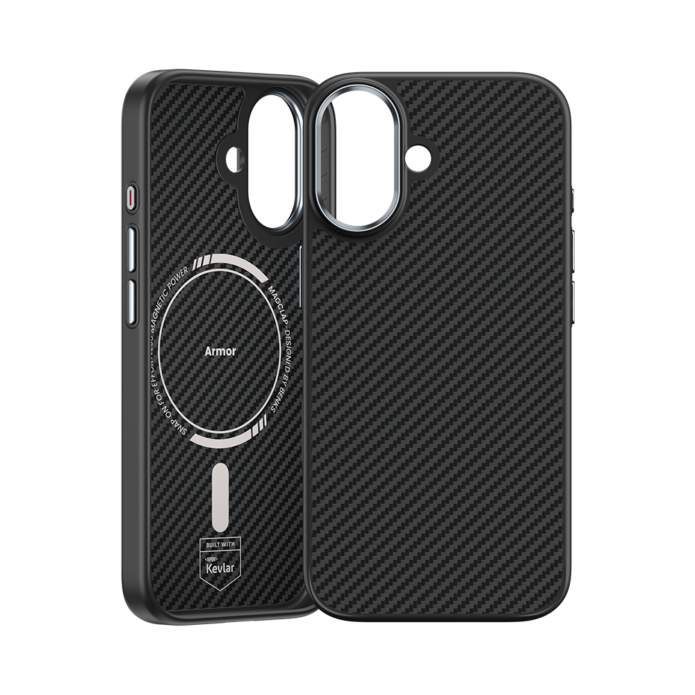 Benks iPhone 17 Hülle aus 600D Kevlar®-Faser für langlebigen, stoßfesten Schutz mit schlanker Carbonfaser-Optik und MagSafe-Kompatibilität.

