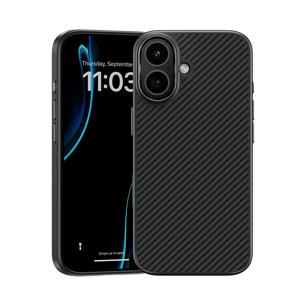 Benks iPhone 17 Hülle aus 600D Kevlar®-Faser für langlebigen, stoßfesten Schutz mit schlanker Carbonfaser-Optik und MagSafe-Kompatibilität.

