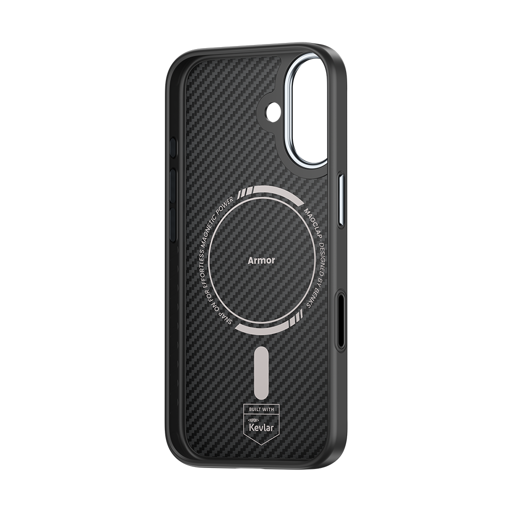 Benks iPhone 17 Hülle aus 600D Kevlar®-Faser für langlebigen, stoßfesten Schutz mit schlanker Carbonfaser-Optik und MagSafe-Kompatibilität.

