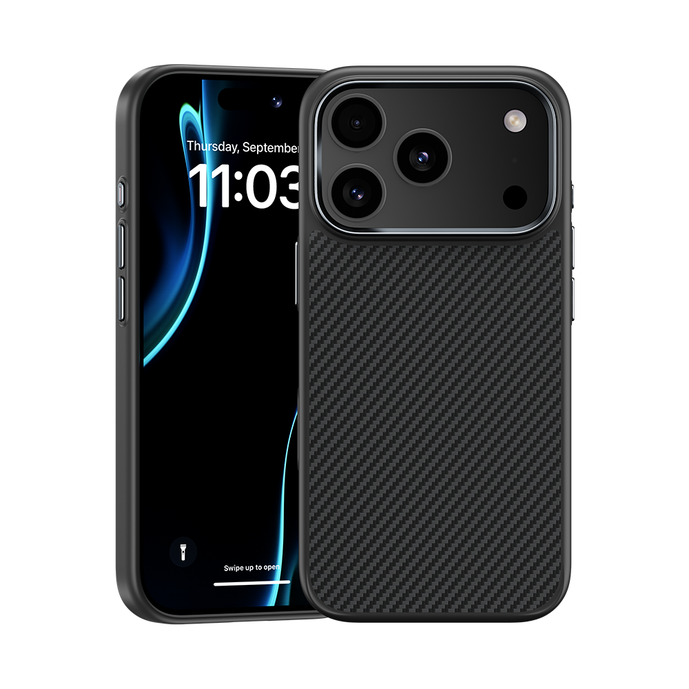 ArmorPro Hülle mit Kevlar® 600D für iPhone 17 Pro Max – stoßfest, langlebig, mit Carbonfaser-Optik und MagSafe-Kompatibilität.

