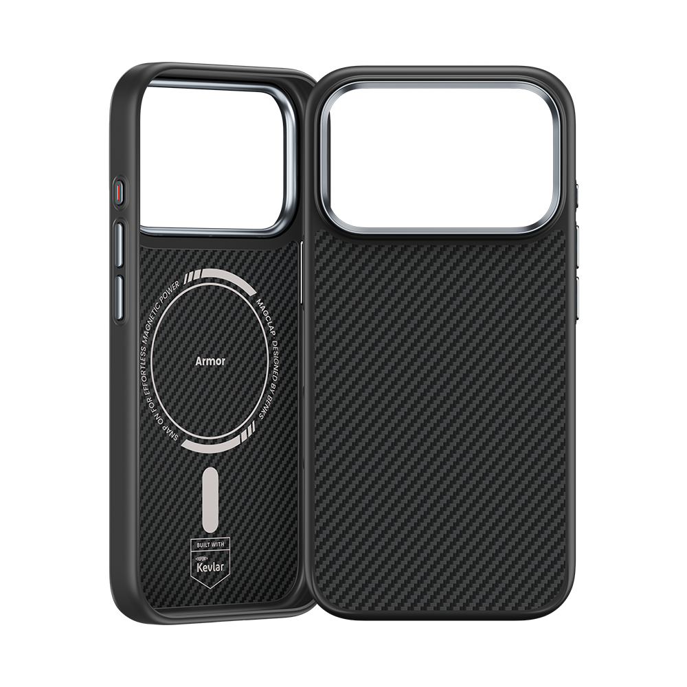 ArmorPro Hülle mit Kevlar® 600D für iPhone 17 Pro Max – stoßfest, langlebig, mit Carbonfaser-Optik und MagSafe-Kompatibilität.

