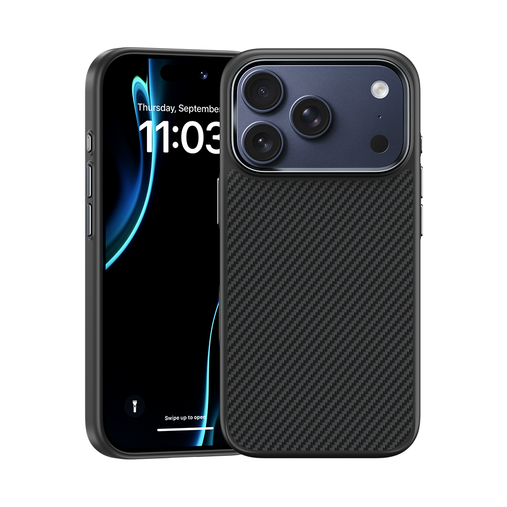 ArmorPro Hülle mit Kevlar® 600D für iPhone 17 Pro Max – stoßfest, langlebig, mit Carbonfaser-Optik und MagSafe-Kompatibilität.

