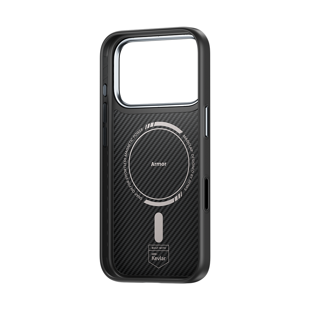 ArmorPro Hülle mit Kevlar® 600D für iPhone 17 Pro Max – stoßfest, langlebig, mit Carbonfaser-Optik und MagSafe-Kompatibilität.

