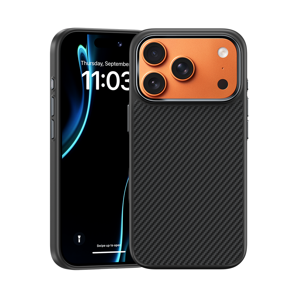 ArmorPro Hülle mit Kevlar® 600D für iPhone 17 Pro Max – stoßfest, langlebig, mit Carbonfaser-Optik und MagSafe-Kompatibilität.

