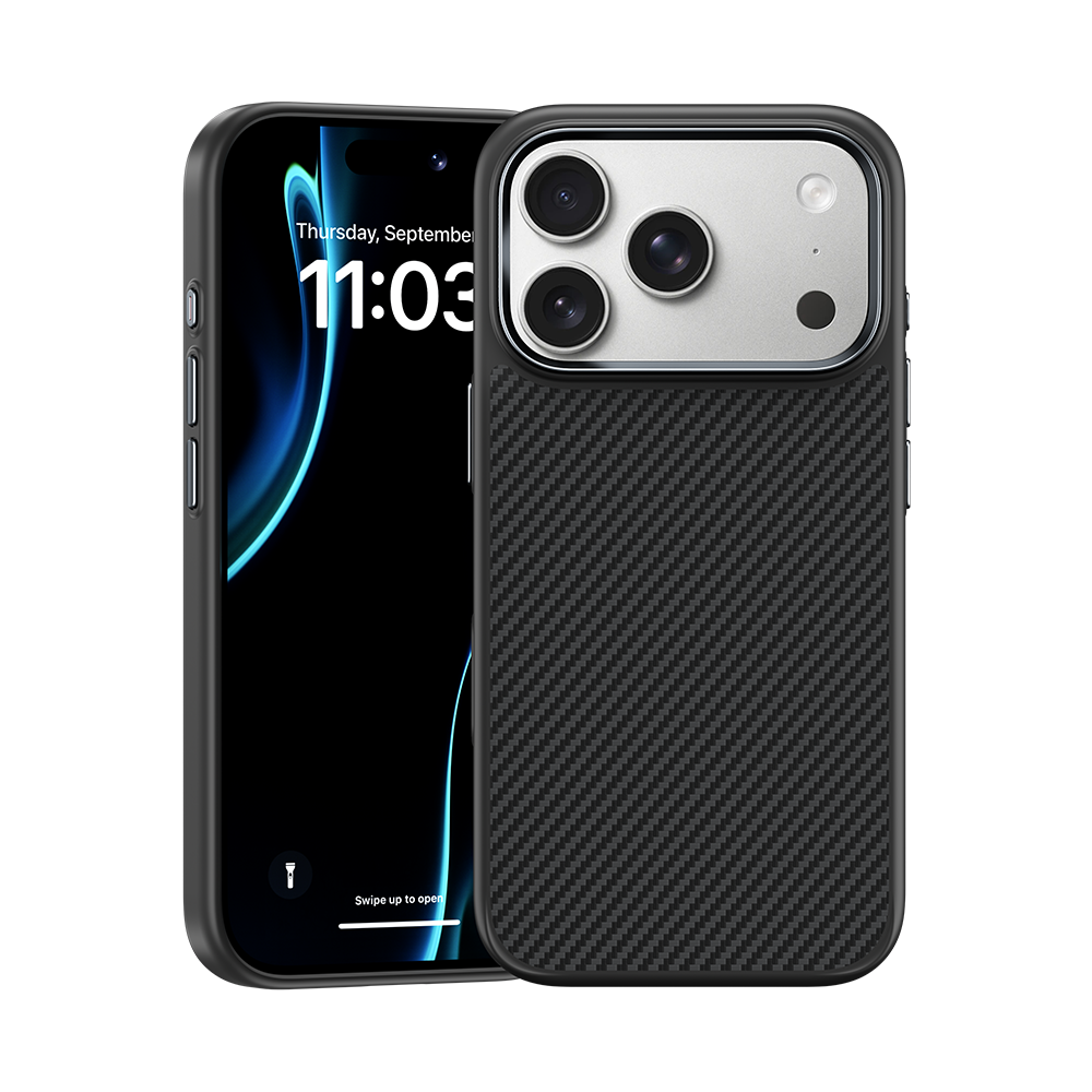 ArmorPro Hülle mit Kevlar® 600D für iPhone 17 Pro Max – stoßfest, langlebig, mit Carbonfaser-Optik und MagSafe-Kompatibilität.

