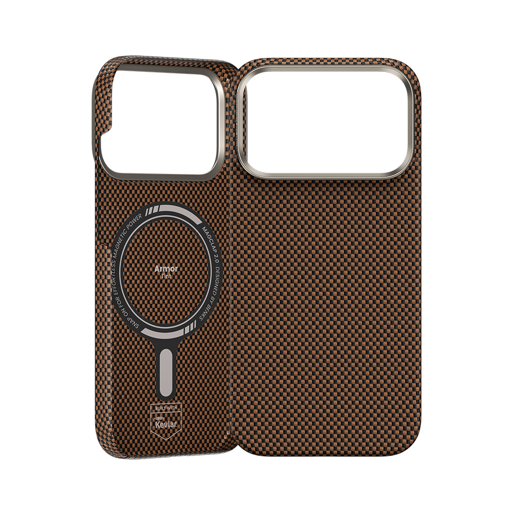 Rückansicht der goldenen ArmorTint Kevlar®-Faser Hülle für iPhone 17 Pro Max, MagSafe-kompatibel mit erhöhtem Linsenschutzrahmen.

