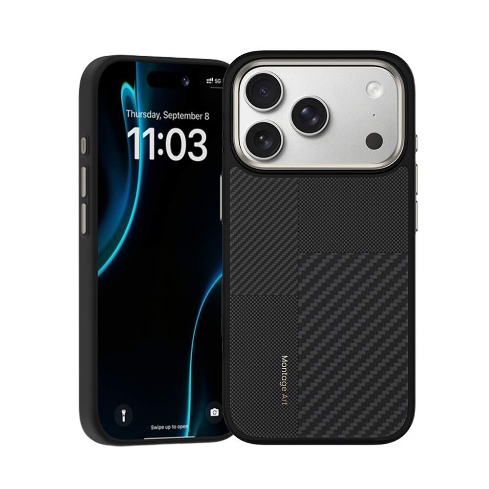 Seitenprofil der Montage ArmorPro Hülle für iPhone 17 Pro Max, die das schlanke Design, die Funktion ohne Signalstörungen und die ergonomische Tastenplatzierung hervorhebt.
