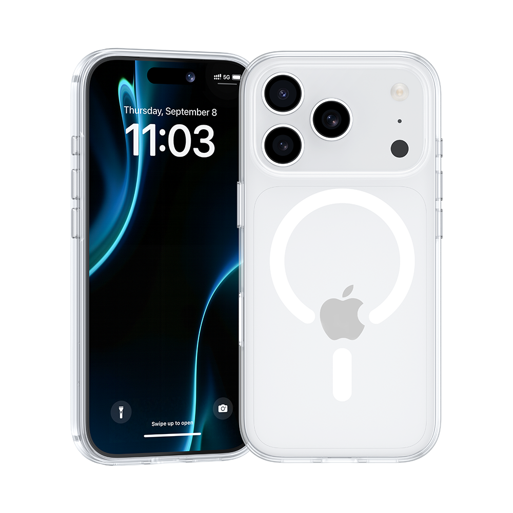 Klare Phone Hülle montiert auf iPhone 17 Pro, die transparentes Design und Kameradurchbruch zeigt.
