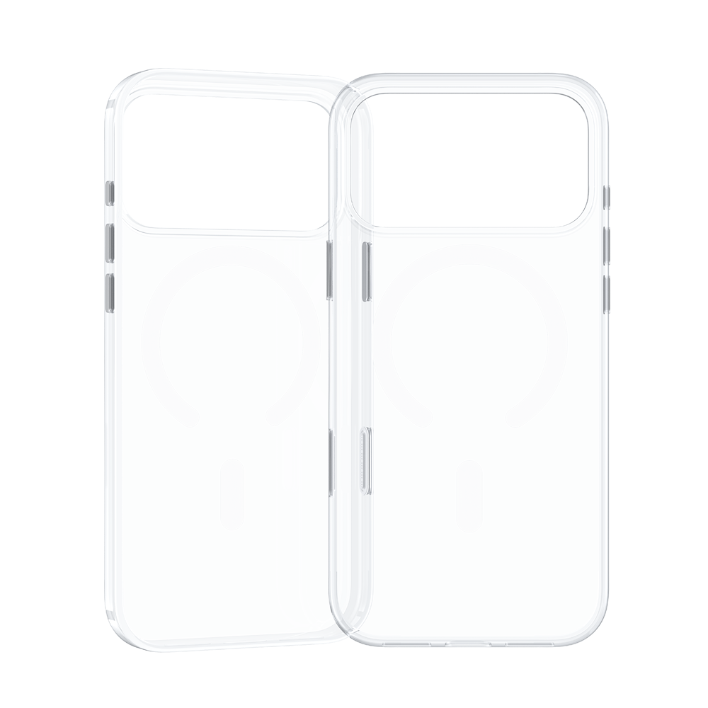 Klare Phone Hülle montiert auf iPhone 17 Pro, die transparentes Design und Kameradurchbruch zeigt.
