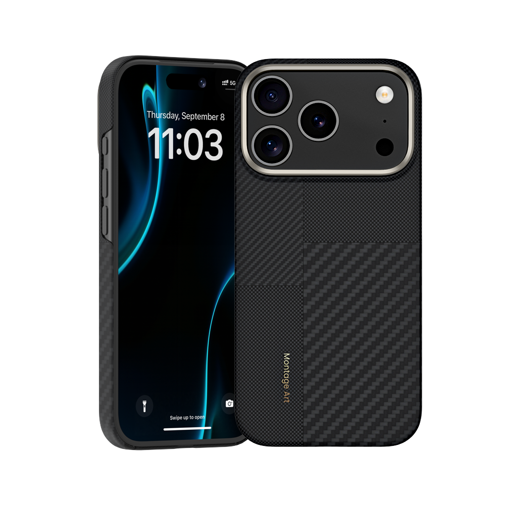 Seitenprofil der Montage ArmorPro Hülle für iPhone 17 Pro, die das schlanke Design, die Funktion ohne Signalstörungen und die ergonomische Tastenplatzierung hervorhebt.

