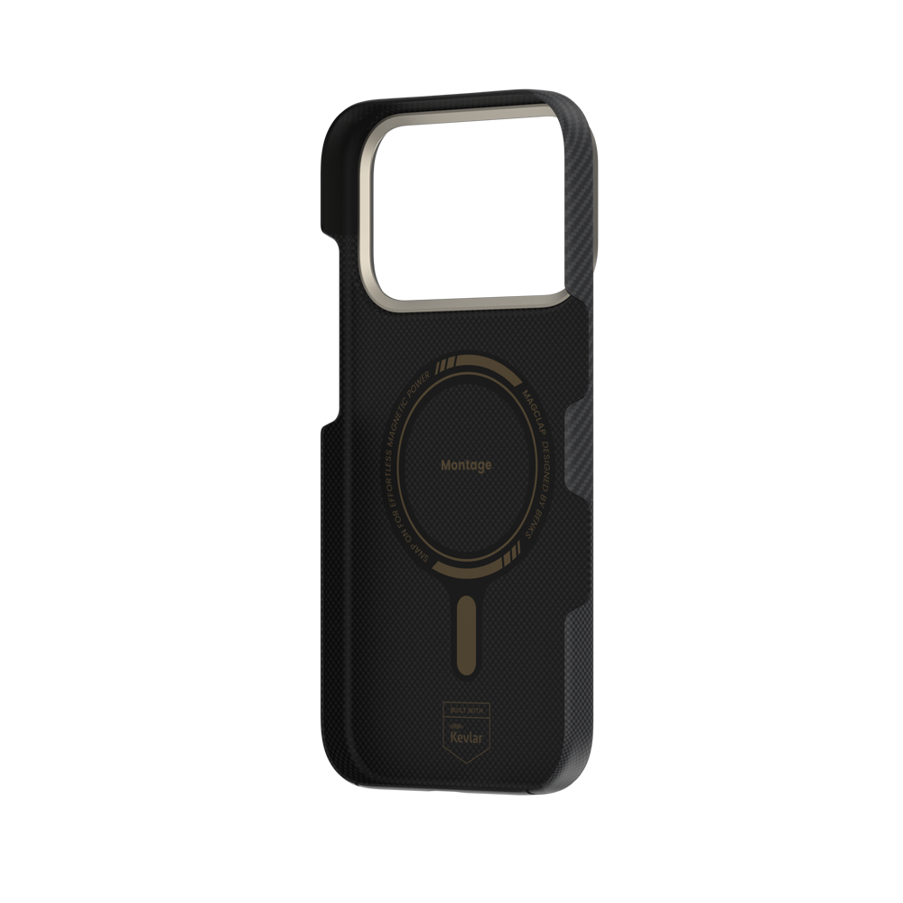 Seitenprofil der Montage ArmorPro Hülle für iPhone 17 Pro, die das schlanke Design, die Funktion ohne Signalstörungen und die ergonomische Tastenplatzierung hervorhebt.

