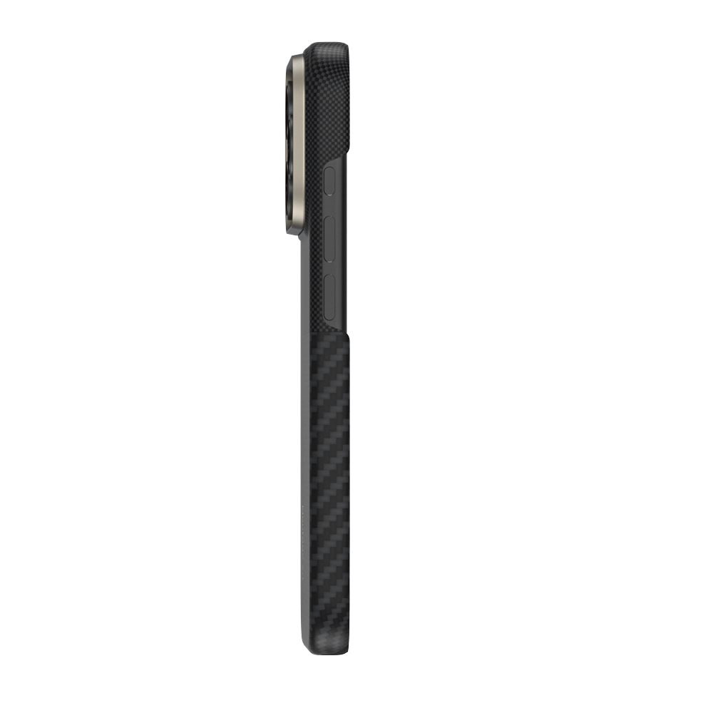 Seitenprofil der Montage ArmorPro Hülle für iPhone 17 Pro, die das schlanke Design, die Funktion ohne Signalstörungen und die ergonomische Tastenplatzierung hervorhebt.
