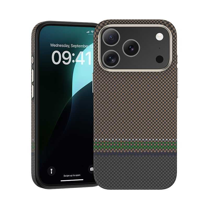 Benks iPhone 17 Pro Max Hülle aus langlebiger 600D Kevlar®-Faser, mit schlankem Design, Carbonfaser-Optik und grünem Akzent für zusätzlichen Stil.

