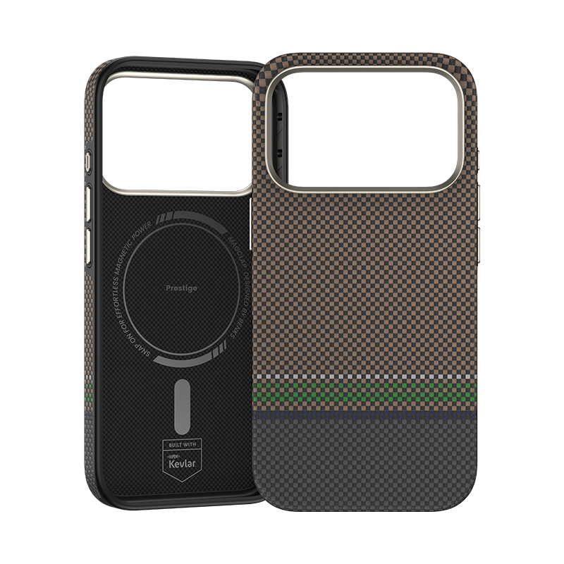 Benks iPhone 17 Pro Max Hülle aus langlebiger 600D Kevlar®-Faser, mit schlankem Design, Carbonfaser-Optik und grünem Akzent für zusätzlichen Stil.

