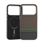Benks iPhone 17 Pro Max Hülle aus langlebiger 600D Kevlar®-Faser, mit schlankem Design, Carbonfaser-Optik und grünem Akzent für zusätzlichen Stil.

