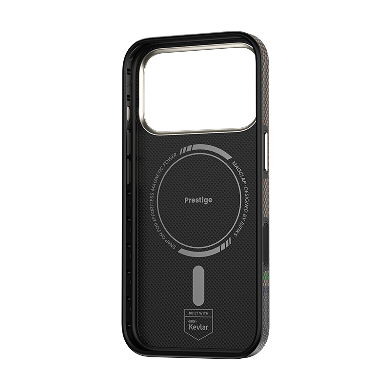 Benks iPhone 17 Pro Max Hülle aus langlebiger 600D Kevlar®-Faser, mit schlankem Design, Carbonfaser-Optik und grünem Akzent für zusätzlichen Stil.

